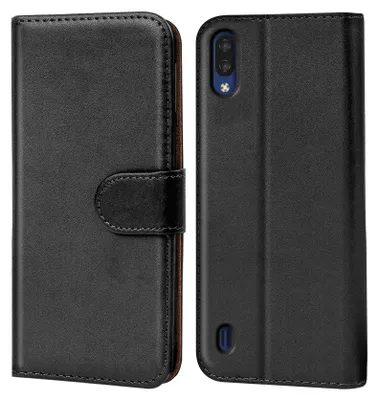 A black flip case for a smartphone is shown from the front and back.
