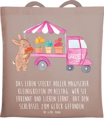Produktbild von Mr. & Mrs. Panda Tote Bag Osterhase Blumenwagen - Braun Pastell - Geschenk, Einkaufstasche, Schultasche, Ostern, Tulpen, Laptoptasche, Tasche, Jutebeutel, Blumen