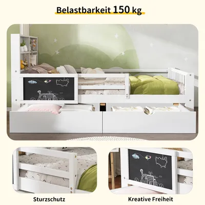 Produktbild von MODFU Kinderbett Holzbett 90x200cm mit 2 Schubladen und Tafel, Jugendbett Massivholzbett mit Rausfallschutz und Regalen, Weiß(Ohne Matratze)
