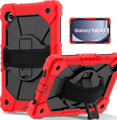 Obrázek produktu pro Pouzdro pro Samsung Galaxy Tab A9 2023 8,7 palec SM-X110/X115/X117, pouzdro na tablet s 360° otočným popruhem na ruku a stojánkem červené černé