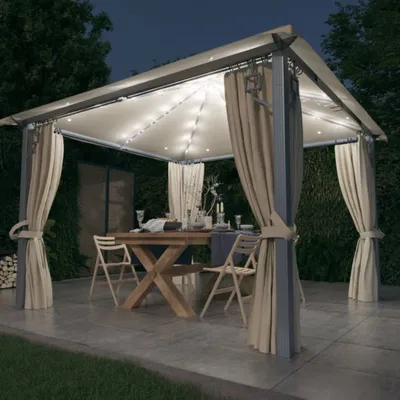 Produktbild von The Living Store Pavillon mit Vorhängen & LED-Lichterkette 300x300 cm Creme Alu