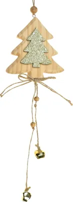 Produktbild von Goldene Weihnachtsdekoration mit Glocken aus Holz & Metall, 12x10 cm, 40 cm mit Aufhängung