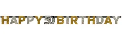 Productafbeelding van Amscan 120206 Bannerset "Happy Birthday" in prismatische folie, 2,4 m x 16 cm, of Celebration 50e, geschikt voor verjaardagsfeestjes, horizontaal, in de kleuren goud en zilver, lengte 2,13 m