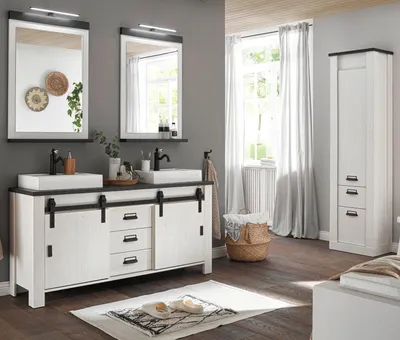 Produktbild von Badmöbel Set "Stove" 6-teilig weiß Pinie anthrazit mit 2x Waschbecken und LED