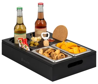 Image de Plateau de service eluno Couchbar, plateau de canapé en bambou avec bols à apéritif en acier inoxydable et porte-gobelet, noir