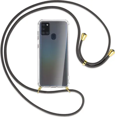 Produktbild von Handykette Backcover-Schutzhülle mit Band (Metall goldfarben) für Samsung Galaxy A21s - dunkelgrau