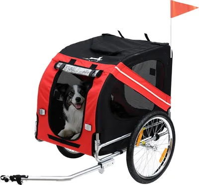 Image de PawHut Remorque vélo pour Chien Animaux 8 réflecteurs Drapeau Barre attelage Inclus Acier Polyester imperméable Max. 30 Kg 130L x 73l x 90H cm Rouge