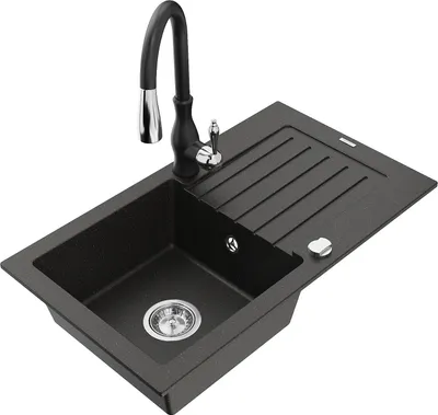 Produktbild von Mexen Pablo 1 Becken-Granitspüle mit Abtropffläche und Mischbatterie Savita, Schwarz/Gold metallisch - 6510-75-672601-70