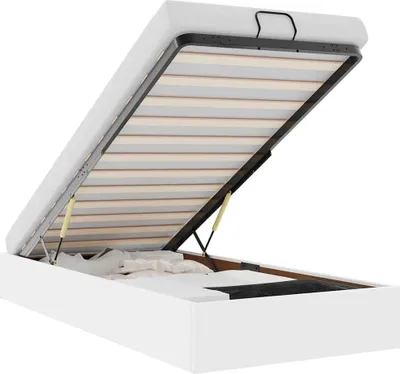 A white ottoman bed with the mattress lifted, revealing the slatted base and storage compartment.