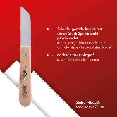 Produktbild von STUBAI Kabelmesser | 75 mm ohne Kerbe | Stahl geschmiedet mit Holzgriff | scharfes Profimesser