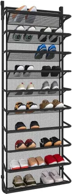 Zdjęcie produktu dla Uniqoos® Oszczędzająca miejsce, wisząca półka na buty do zawieszenia za drzwiami – 10 półek, matowa czerń, 55 × 19,5 × 159 cm, rama stalowa i siatka, do drzwi o grubości do 40 mm