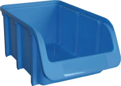 A blue plastic storage bin is shown against a white background.