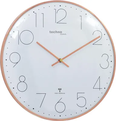 A close-up studio shot of a Technoline radio-controlled wall clock with a rose gold frame.