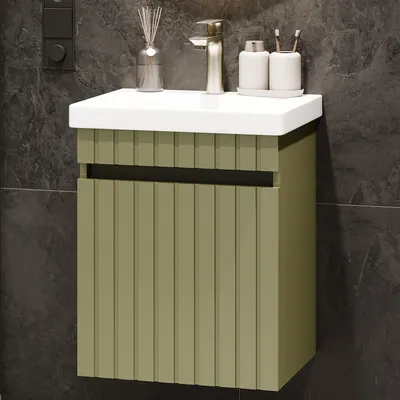 Produktbild von Planetmöbel Cosmia Waschtisch 50 cm mit Schublade Mintgrün Matt mit Armatur Gold Brush