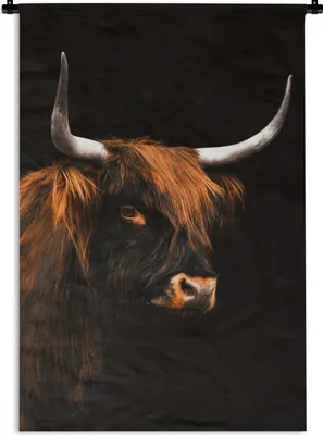 Produktbild von MuchoWow® Wandteppich Wandbehang Schottischer Highlander - Schwarz - Fell 90x135 cm Tapisserie Dekoration Wandtuch - Baumwolle - Wandskulptur
