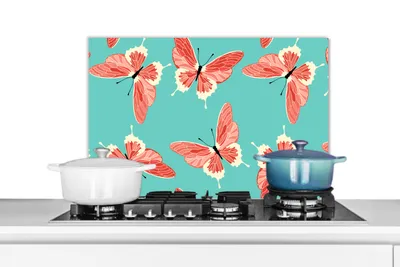 Obrázok produktu pre MuchoWow® Splashback Kuchyňa - Kuchynský backsplash - Ochrana steny pre sporák a drez Motýle - Ružová - Vzor 60x40cm Alu-Dibond (alternatíva k