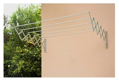 A retractable clothesline mounted on a wall, with trees and foliage in the background on the left side.