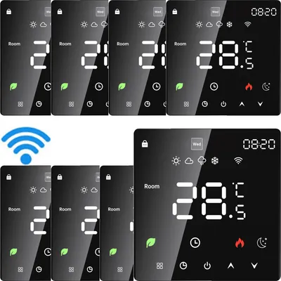 A collage of digital thermostats displaying temperature and time.