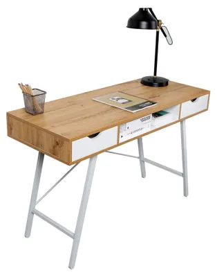Produktbild von Schreibtisch mit Regal und Schubladen aus Holz und Stahlgestell, moderner Arbeitstisch mit 2 Schubladen und offenem Stauraum, 120 × 48 cm