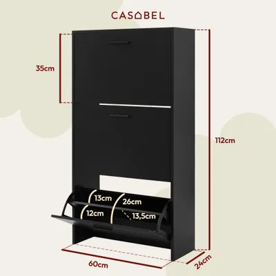 Produktbild von CASABEL Schuhschrank Schmal für 18 Paar Schuhe, Modernes Schuhregal Holz mit 3 Klappen, Platzsparender Organizer für Flur und Diele, L60xT24xH113 cm, Schwarz
