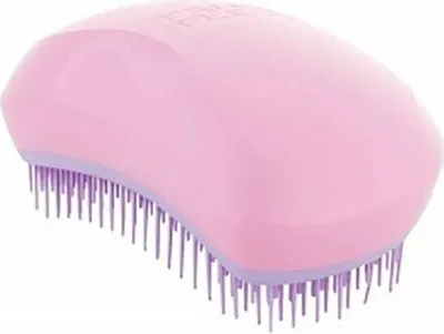 A pink and lilac hairbrush on a white background.