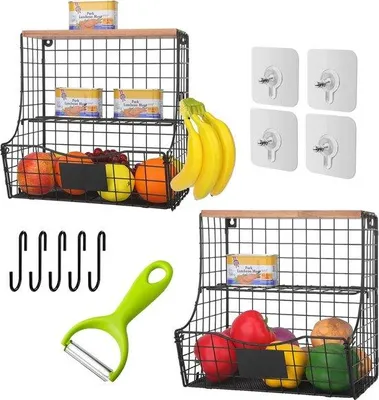 Image de 2 supports à fruits et légumes en bois avec couvercle en bois et éplucheur