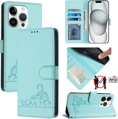 Produktbild von Leder Hülle für iPhone 15 Pro Süße Katze Flip Case Brieftasche Schutzhülle mit Standfunktion hellgrün