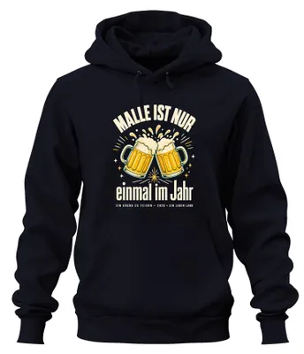Immagine prodotto di Felpa con cappuccio "Ballermann", ideale per feste a tema birra, disponibile in blu navy, taglia 3XL