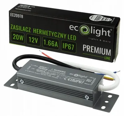 Obrázek produktu pro HERMETICKÝ LED DRIVĚR PREMIUM, 20W, 12V, IP67, rozměry 142x37x25, model EC20978, značka ECO LIGHT