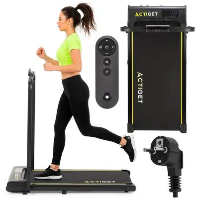 A collage of images showing a woman running on a treadmill, a remote control, the treadmill itself, and a power plug.