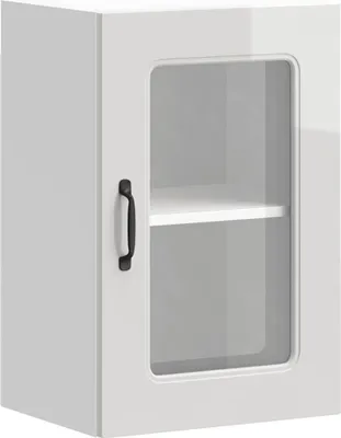 A single white kitchen wall cabinet with a glass door and a black handle.
