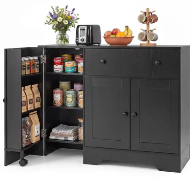 Produktbild von COSTWAY Küchenschrank, Sideboard auf Rollen, Buffetschrank mit Schublade, Regal, 2 Türen & Arbeitsplatte, Aufbewahrungsschrank, 105x40x83 cm, Schwarz