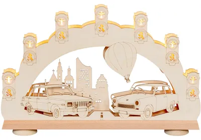 Produktbild von Saico Lichterbogen LED 3D Trabant und Wartburg Holz 52 cm warmweiß natur