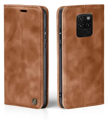 A brown leather flip case for a smartphone is shown from two angles.