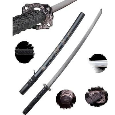 Produktbild von Deko Katana „Schwarzer Drache” mit Scheide + Ständer | Handgefertigtes Deko-Schwert aus Kohlenstoffstahl | 98 cm | Ungefährlich – stumpfe HKS001-1