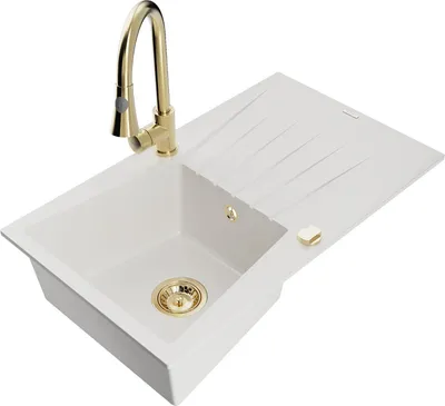 Produktbild von Mexen Cesar 1 Becken-Granitspüle mit Abtropffläche und Mischbatterie Elia, Weiß - 6514-20-670101-50