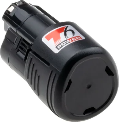 A black power tool battery pack with a logo.