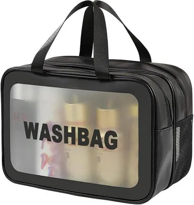 Image de Trousses de toilette pratiques pour femmes et hommes, de grande capacité, étanches, avec séparation pour le sec et l'humide – trousse de voyage et de maquillage pratique – noir, design minimaliste