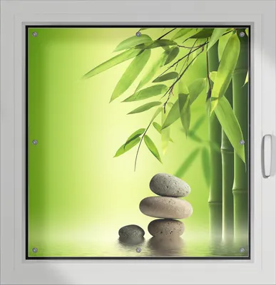 Produktbild von Wallario Lichtschutzbild, Dekorativer Sichtschutz Sonnenschutz 96 x 100 cm mit Motiv: Steinstapel im Grünen - Verdunklung ohne Bohren