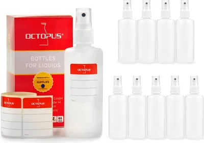 Produktbild von 10 Plastikflaschen 100 ml aus HDPE, natur, G18, Fingerzerstäuber aus PP, weiß, klare Überkappe
