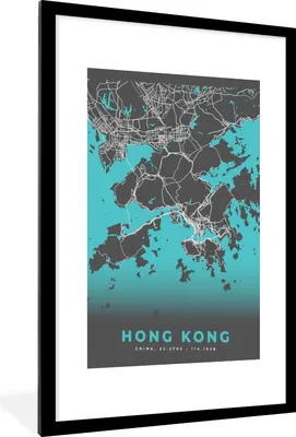 Produktbild von MuchoWow® Gerahmtes Poster Hongkong - Stadtplan - Karte - Blau 60x90 cm - Poster mit Schwarzem Bilderrahmen Wandposter Rahmen Foto Bilder - Dekoration - Wandposter Wohnzimmer - Hochwertig