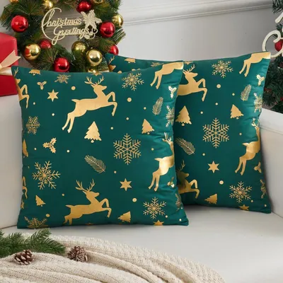 Immagine prodotto di Cuscini decorativi natalizi, set da 2, 40x40 cm, verde e oro, in velluto