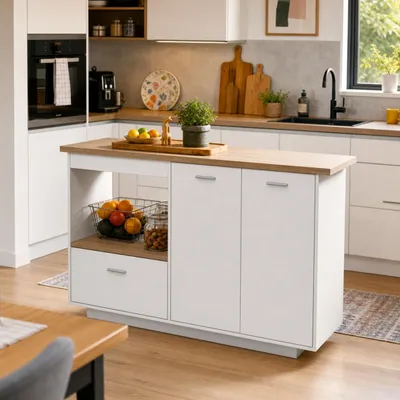 Produktbild von Kücheninsel mit Klappbarer Arbeitsplatte, Kücheninselschrank mit 1 Schubladen und 2 Türen, Buffet, Weiß und Eiche-Optik, MDF, 150 x 40/80 x 91 cm
