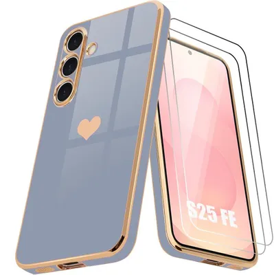 Image de Coque + 2 Verres Trempés pour Samsung Galaxy S25 FE, Silicone Motif Coeur Anti-Rayure Slim Souple Bleu