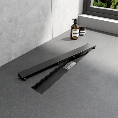Obrázok produktu pre EMKE sprchový žľab z nehrdzavejúcej ocele 60 cm matný čierny podlahový odtokový sifón so zápachovou uzávierkou sprchový odtok veľmi plochý okraj odtoku