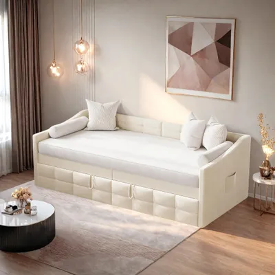 Image de Canapé-lit rembourré - Canapé-lit convertible - 90 x 200 cm - Avec sommier à lattes - Avec espace de rangement - Structure en bois - Beige