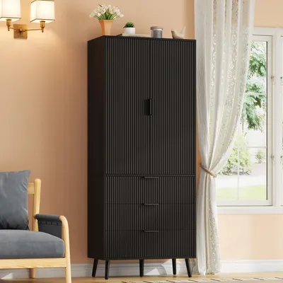 Immagine prodotto di MODFU, mobiletto alto 75 x 35 x 180 cm, contenitore con 2 ante e 3 cassetti, mobiletto per soggiorno con ampio spazio di stoccaggio, mobiletto per ingresso, contenitore nero