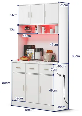 Immagine prodotto di Mobiletto buffet - 100 x 40 x 180 cm - Illuminazione a LED con telecomando - 3 cassetti - 6 ante - Ripiano regolabile - Bianco