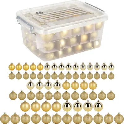 Produktbild von Christbaumkugeln - 70 Stück - Bruchsicher - Kunststoff - Weihnachtskugeln Box Gold
