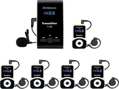 A product shot of a wireless tour guide system, including a transmitter and multiple receivers, arranged on a white background.